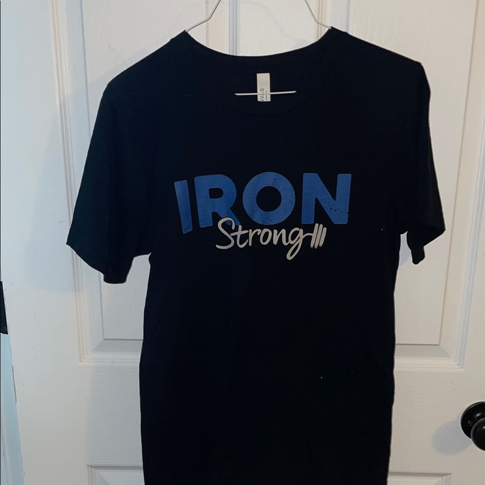 Bella Canvas Black Short Sleeve Tee with Blue and White IRON Strong Graphic